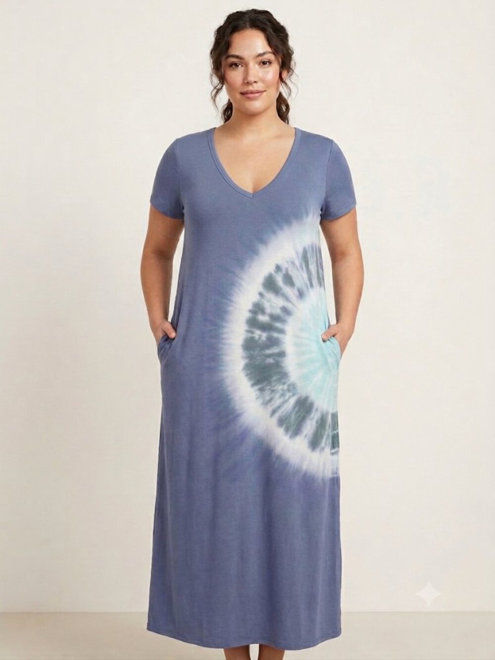 Blue Tie Dye Maxi Dress Short Sleeve T-Shirt Dress Beachy Boho Loungewear Large